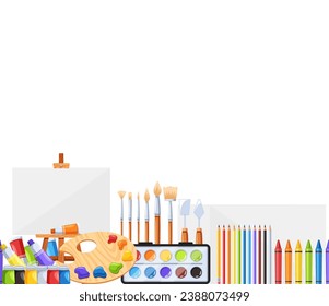 Seamless Pattern Featuring Various Artist Items Like Brushes, Palettes, Easels, And Paint Tubes, Tile Wallpaper