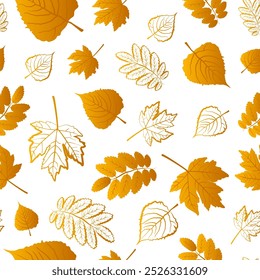A seamless pattern featuring various autumn leaves in shades of yellow and gold on a clean white background. Vector illustration