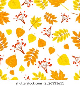 Um padrão sem costura com várias folhas de outono e bagas, projetado em um estilo gráfico vibrante em um fundo branco. Ilustração vetorial