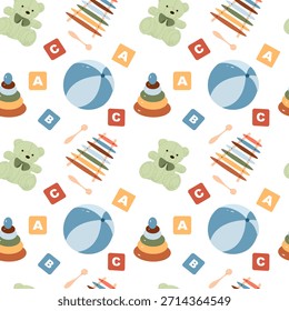 Patrón sin fisuras con varios juguetes para bebés y niños, incluidos un oso de peluche, xilófono, anillos apilables (pirámide) y bloques de alfabeto. Perfecto para la decoración de la guardería, ropa de los niños, y papel de embalaje