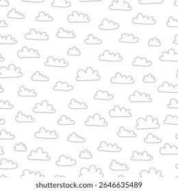 A seamless pattern featuring various cartoon-style clouds on a white background.