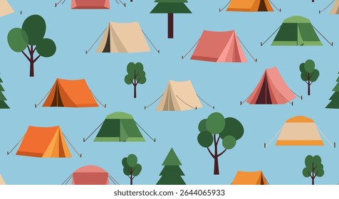Seamless pattern featuring various colored tents and trees, creating a camping or outdoor adventure theme on a light blue backdrop.