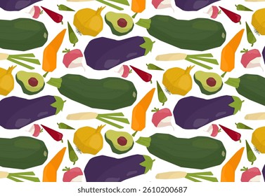Seamless pattern featuring various colorful vegetables such as eggplants, carrots, zucchinis, and avocados. Perfect for kitchen decor, recipe books, and food packaging designs.