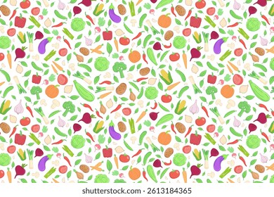Seamless Pattern Featuring Various Colorful Vegetables and Leaves on White Background