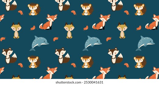 Padrão sem costura com vários animais de desenho animado bonitos, como golfinhos, raposas e ouriços, em um estilo divertido e de conto de fadas.