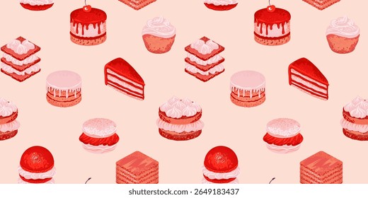 Seamless pattern featuring various delicious desserts like cakes, macarons, and pastries on soft beige background. Design for wrapping paper, bakery packaging, fabric designs, and cafe decor.