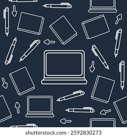 A seamless pattern featuring various education-themed elements such as books, pencils, rulers, globes, graduation caps, and school supplies. 