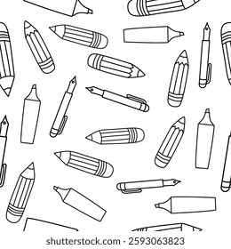 A seamless pattern featuring various education-themed elements such as books, pencils, rulers, globes, graduation caps, and school supplies.