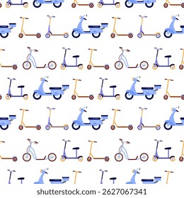 A seamless pattern featuring various electric scooters, each designed with vibrant colors and unique details. This illustration captures the essence of modern urban mobility and eco-friendly
