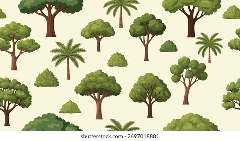 Padrão contínuo com várias árvores verdes, palmeiras e arbustos em um fundo claro, ilustrando floresta diversa e vegetação tropical.