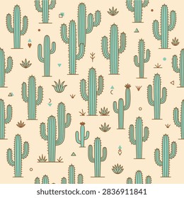 A seamless pattern featuring various green cacti on beige background