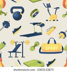 Seamless Pattern Featuring Various Gym Equipment Such As Weights, Dumbbells, Exercise Balls, And Training Apparatus