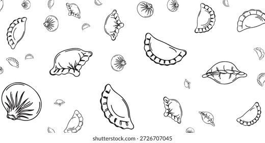 A seamless pattern featuring various hand-drawn dumplings and wontons in black and white, perfect for food-related designs.