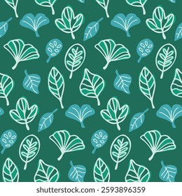 Seamless pattern featuring various leaf shapes in a playful cartoon style. A mix of doodle-inspired illustrations, line art and silhouettes, in a vibrant and fun green color palette.