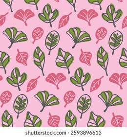 Seamless pattern featuring various leaf shapes in a playful cartoon style. A mix of doodle-inspired illustrations, line art and silhouettes, in a vibrant and fun pink and green color palette.