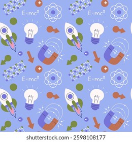 Seamless pattern featuring various physics and science-related symbols, including atoms, magnets, rockets, formulas, and light bulbs on a blue background.