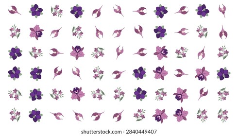 seamless pattern featuring various purple orchid flowers and buds arranged in a repeating design suitable for textile and fabric