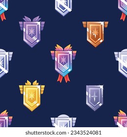 Seamless Pattern Featuring Various Rank Badges And Trophy Shields Arranged In A Repeating Design, Vector Illustration