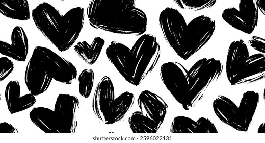 A seamless pattern featuring various sizes of hand-painted black hearts on a white background, creating a playful and artistic design.
