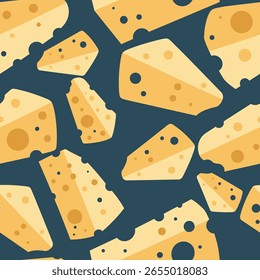 Padrão sem costura com várias fatias de queijo suíço com buracos em um fundo azul escuro
