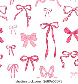 Seamless pattern featuring various styles of bows in shades of pink. Coquette whimsical hand drawn pink color bows and wavy squiggle curly ribbons in trendy, elegant vintage styles.