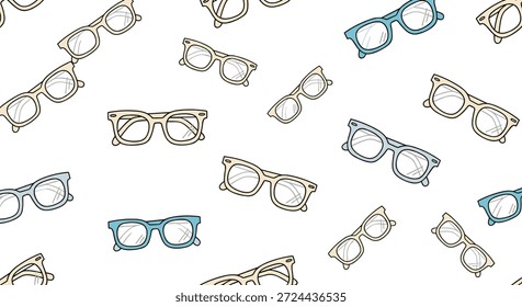 Seamless pattern featuring various styles and colors of eyeglasses on a clean white background for optics or fashion design.