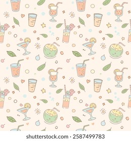 a seamless pattern featuring various summer drinks, including cocktails, fruit juices, and coconut drinks. The various drinks in the pattern are sure to quench your thirst and make you feel refreshed.