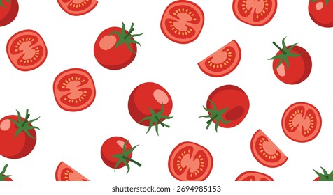 Padrão sem costura com várias ilustrações de tomate, incluindo tomates inteiros, divididos pela metade e fatiados em um fundo branco.