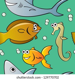 A seamless pattern featuring various types of cartoon fish who are underwater surrounded by bubbles.
