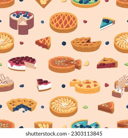 Seamless Pattern Featuring Various Types Of Pies And Cut Out Pieces In A Repeating Design, Cartoon Vector Illustration