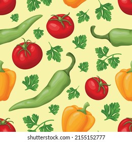 Seamless pattern. Seamless pattern featuring vegetables such as tomatoes, peppers and parsley. Vegetable vegetarian pattern. Vector illustration