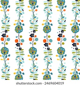 Seamless pattern featuring vertical stripes of decorative plants, flowers, and trees in folk art style on a white background. Ideal for textiles, wallpapers, and spring designs. Incorporates vibrant