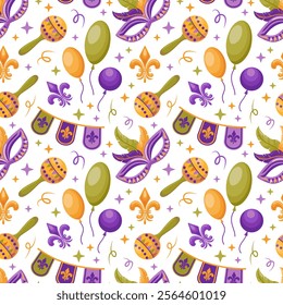 A seamless pattern featuring vibrant balloons, maracas, festive bunting, fleur-de-lis motifs, and carnival masks, ideal for celebrations and playful designs. Perfect for party decorations and prints 