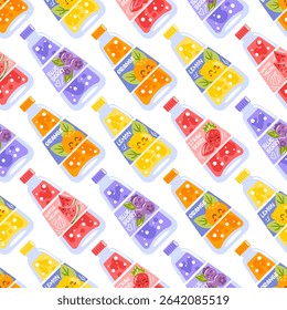 A seamless pattern featuring vibrant bottles filled with various sodas, including strawberry, lemonade, blueberry, orange, and watermelon. Perfect for summer-themed designs, evoking refreshing fun.