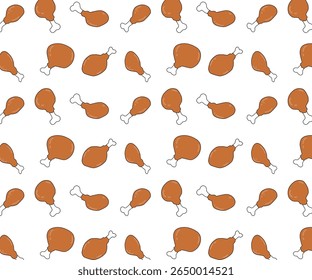 Seamless pattern featuring vibrant cartoon fried chicken drumsticks, perfect for food packaging, restaurant decor, and playful culinary designs.