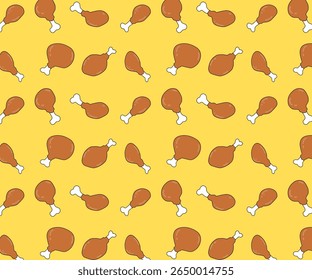 Seamless pattern featuring vibrant cartoon fried chicken drumsticks isolated in yellow background , perfect for food packaging, restaurant decor, and playful culinary designs.