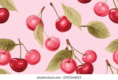 A seamless pattern featuring vibrant cherry illustrations on a soft pink background. The cherries are depicted in various shades of red and pink, some in pairs and others as single fruits, with detail