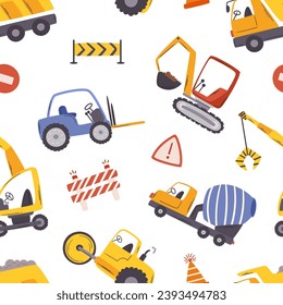 Seamless Pattern Featuring Vibrant Construction Cars, Bulldozers, Cranes, And Trucks Busy At Work. Tile Design with Construction Site Machines. Cartoon Vector Illustration, Tile Background, Wallpaper