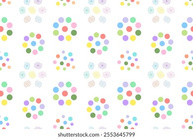 Seamless pattern featuring vibrant dotted flowers and spiral elements, ideal for cheerful and creative designs.