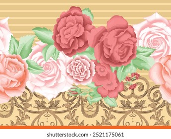 Seamless Pattern Featuring Vibrant Flowers And Lush Tropical Leaves Background. Perfect For Textile, Paper, Wrapping Paper.