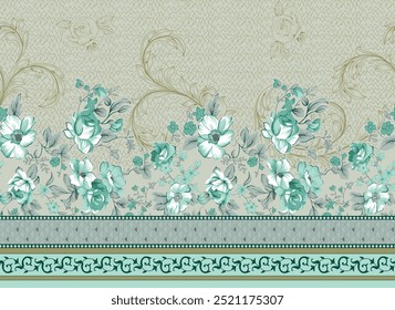 Seamless Pattern Featuring Vibrant Flowers And Lush Tropical Leaves Background. Perfect For Textile, Paper, Wrapping Paper.