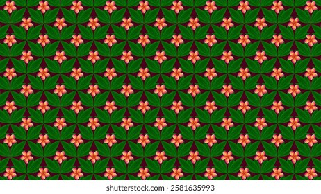 A seamless pattern featuring vibrant frangipani flowers with lush green leaves on a dark background. Perfect for textiles, wallpapers, and digital designs