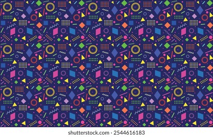 Seamless pattern featuring vibrant geometric shapes in neon colors, inspired by 1980s Memphis design. The dark background highlights a mix of circles, triangles, squares, and wavy linesю