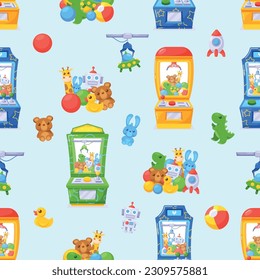 Seamless Pattern Featuring Vibrant Grabber Machines And Toys In Various Colors And Designs, Cartoon Vector Illustration