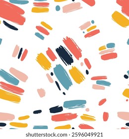 Seamless pattern featuring vibrant, hand painted brushstrokes in various colors, creating a modern and artistic design suitable for backgrounds, textiles, and various creative projects. Vector illustr