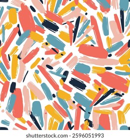 Seamless pattern featuring vibrant, hand painted brushstrokes in various colors, creating a modern and artistic design suitable for backgrounds, textiles, and various creative projects. Vector illustr