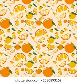 seamless pattern featuring vibrant lemon and orange illustrations. The design showcases hand-drawn citrus fruits, leaves, and blossoms, creating a fresh and lively aesthetic.