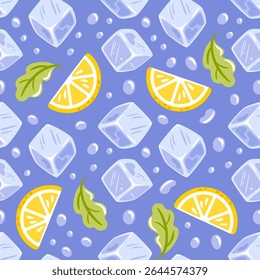 Seamless pattern featuring vibrant lemon slices, ice cubes, refreshing mint leaves, and droplets, creating a cool and refreshing design perfect for summer drinks and vibrant beverage illustrations