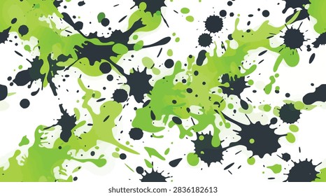 Seamless pattern featuring vibrant lime green and dark grey paint splatters and ink splashes on a clean white background.