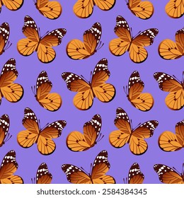 seamless pattern featuring vibrant Monarch butterflies showcases their striking orange and black wings. Perfect for textiles, wallpapers, and decorative projects, this design exudes beauty and nature.